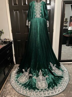 Emerald Green Velvet Afghan Nikkah/ Wedding Dress with Train